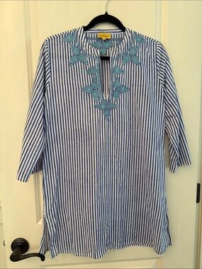 Roberta Roller Rabbit Embroidered Kurta Striped Tunic Dress Beach Cover-up Sz S